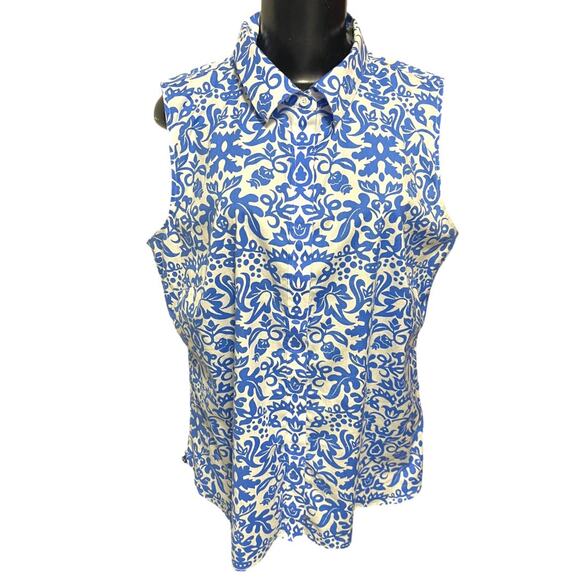 Size 16 Talbots Button Up Wrinkle Resistant Sleeveless Floral Shirt Blue - Picture 2 of 12